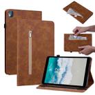 For Nokia T10 Skin Feel Solid Color Zipper Leather Tablet Case(Brown) - 1