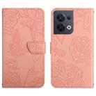 For OPPO Reno8 5G HT03 Skin Feel Butterfly Embossed Flip Leather Phone Case(Pink) - 1