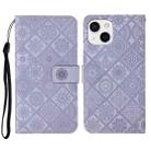 For iPhone 14 Plus Ethnic Style Embossed Pattern Leather Phone Case (Purple) - 1