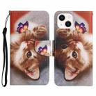 For iPhone 14 3D Colored Drawing Flip Leather Phone Case (Butterfly Cat) - 1