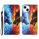 For iPhone 14 Plus 3D Colored Drawing Flip Leather Phone Case (Fire Wolf) - 1