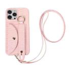 For iPhone 13 Pro Functional Card Bag PC Phone Case with Ring & Lanyard (Pink) - 1