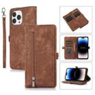 For iPhone 14 Pro Max Zipper Card Slot Buckle Wallet Leather Phone Case (Brown) - 1