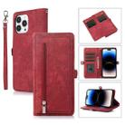 For iPhone 14 Pro Zipper Card Slot Buckle Wallet Leather Phone Case(Red) - 1