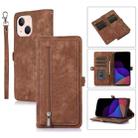 For iPhone 14 Plus Zipper Card Slot Buckle Wallet Leather Phone Case (Brown) - 1