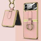 For Samsung Galaxy Z Flip4 GKK Plating + Leather Phone Case with Ring & Strap(Pink) - 1
