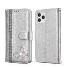 For iPhone 12 Glitter Powder Butterfly Leather Phone Case(Silver) - 1