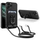 For iPhone 11 Pro Ring Kickstand Card Wallet TPU Phone Case with Lanyard (Black) - 1