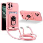 For iPhone 11 Pro Ring Kickstand Card Wallet TPU Phone Case with Lanyard (Pink) - 1