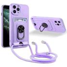 For iPhone 11 Pro Ring Kickstand Card Wallet TPU Phone Case with Lanyard (Purple) - 1