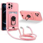 For iPhone 12 Pro Ring Kickstand Card Wallet TPU Phone Case with Lanyard(Pink) - 1