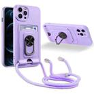 For iPhone 12 Pro Ring Kickstand Card Wallet TPU Phone Case with Lanyard(Purple) - 1