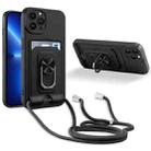 For iPhone 13 Pro Max Ring Kickstand Card Wallet TPU Phone Case with Lanyard (Black) - 1