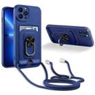 For iPhone 13 Pro Max Ring Kickstand Card Wallet TPU Phone Case with Lanyard (Blue) - 1