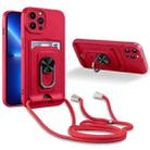 For iPhone 13 Pro Max Ring Kickstand Card Wallet TPU Phone Case with Lanyard (Red) - 1