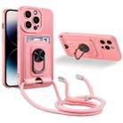 For iPhone 14 Pro Ring Kickstand Card Wallet TPU Phone Case with Lanyard(Pink) - 1