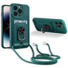 For iPhone 14 Pro Ring Kickstand Card Wallet TPU Phone Case with Lanyard(Night Green) - 1