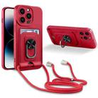 For iPhone 14 Pro Ring Kickstand Card Wallet TPU Phone Case with Lanyard(Red) - 1