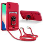 For iPhone X / XS Ring Kickstand Card Wallet TPU Phone Case with Lanyard(Red) - 1