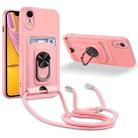 For iPhone XR Ring Kickstand Card Wallet TPU Phone Case with Lanyard(Pink) - 1