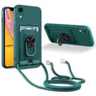 For iPhone XR Ring Kickstand Card Wallet TPU Phone Case with Lanyard(Night Green) - 1