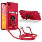 For iPhone XR Ring Kickstand Card Wallet TPU Phone Case with Lanyard(Red) - 1