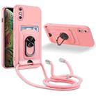 For iPhone XS Max Ring Kickstand Card Wallet TPU Phone Case with Lanyard(Pink) - 1