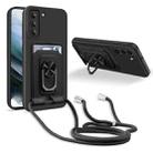 For Samsung Galaxy S21 Ring Kickstand Card Wallet TPU Phone Case with Lanyard(Black) - 1