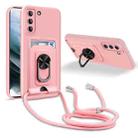 For Samsung Galaxy S21 Ring Kickstand Card Wallet TPU Phone Case with Lanyard(Pink) - 1