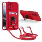 For Samsung Galaxy S21 Ring Kickstand Card Wallet TPU Phone Case with Lanyard(Red) - 1