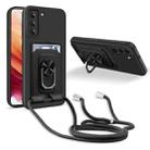 For Samsung Galaxy S21+ Ring Kickstand Card Wallet TPU Phone Case with Lanyard(Black) - 1