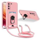 For Samsung Galaxy S21+ Ring Kickstand Card Wallet TPU Phone Case with Lanyard(Pink) - 1