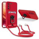 For Samsung Galaxy S21+ Ring Kickstand Card Wallet TPU Phone Case with Lanyard(Red) - 1