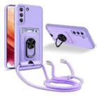 For Samsung Galaxy S21+ Ring Kickstand Card Wallet TPU Phone Case with Lanyard(Purple) - 1