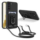 For Samsung Galaxy S22 5G Ring Kickstand Card Wallet TPU Phone Case with Lanyard(Black) - 1