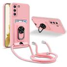 For Samsung Galaxy S22 5G Ring Kickstand Card Wallet TPU Phone Case with Lanyard(Pink) - 1