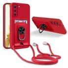 For Samsung Galaxy S22 5G Ring Kickstand Card Wallet TPU Phone Case with Lanyard(Red) - 1