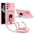 For Samsung Galaxy S22 Ultra 5G Ring Kickstand Card Wallet TPU Phone Case with Lanyard(Pink) - 1