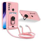 For Xiaomi Redmi Note 8 Ring Kickstand Card Wallet TPU Phone Case with Lanyard(Pink) - 1