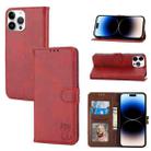 For iPhone 14 Pro Embossed Happy Cat Pattern Flip Leather Phone Case(Red) - 1