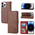 For iPhone 14 Pro Embossed Happy Cat Pattern Flip Leather Phone Case(Brown) - 1