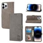 For iPhone 14 Pro Embossed Happy Cat Pattern Flip Leather Phone Case(Grey) - 1