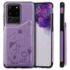 For Galaxy S20 Ultra Cat Bee Embossing Pattern Shockproof Protective Case with Card Slots & Photo Frame(Purple) - 1