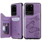 For Galaxy S20 Ultra Butterfly Embossing Pattern Shockproof Protective Case with Holder & Card Slots & Photo Frame(Purple) - 1