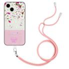 For iPhone 13 Bronzing Butterfly Flower TPU Phone Case with Lanyard(Peach Blossoms) - 1