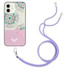 For iPhone 12 Bronzing Butterfly Flower TPU Phone Case with Lanyard(Peacock Flower) - 1