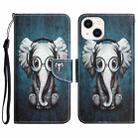 For iPhone 14 Colored Drawing Leather Phone Case (Earphone Elephant) - 1