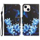 For iPhone 14 Colored Drawing Leather Phone Case (Blue Butterfly) - 1