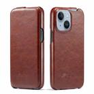 For iPhone 14 Fierre Shann Oil Wax Texture Vertical Flip PU Phone Case (Brown) - 1