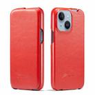 For iPhone 14 Fierre Shann Oil Wax Texture Vertical Flip PU Phone Case (Red) - 1